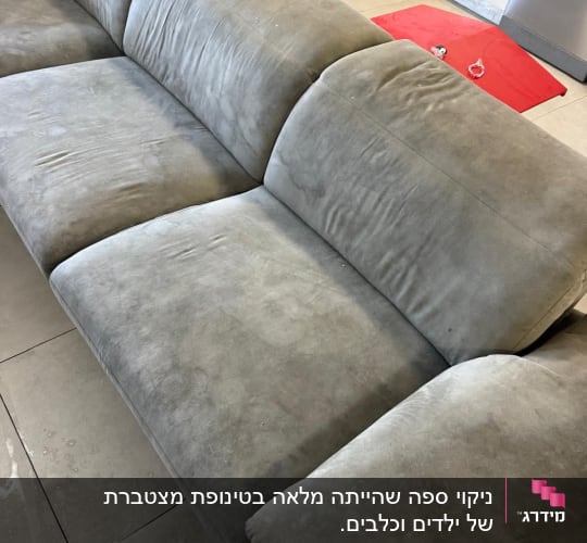 ספת בד גדולה בגוון אפור לאחר תהליך ניקוי בסלון הבית